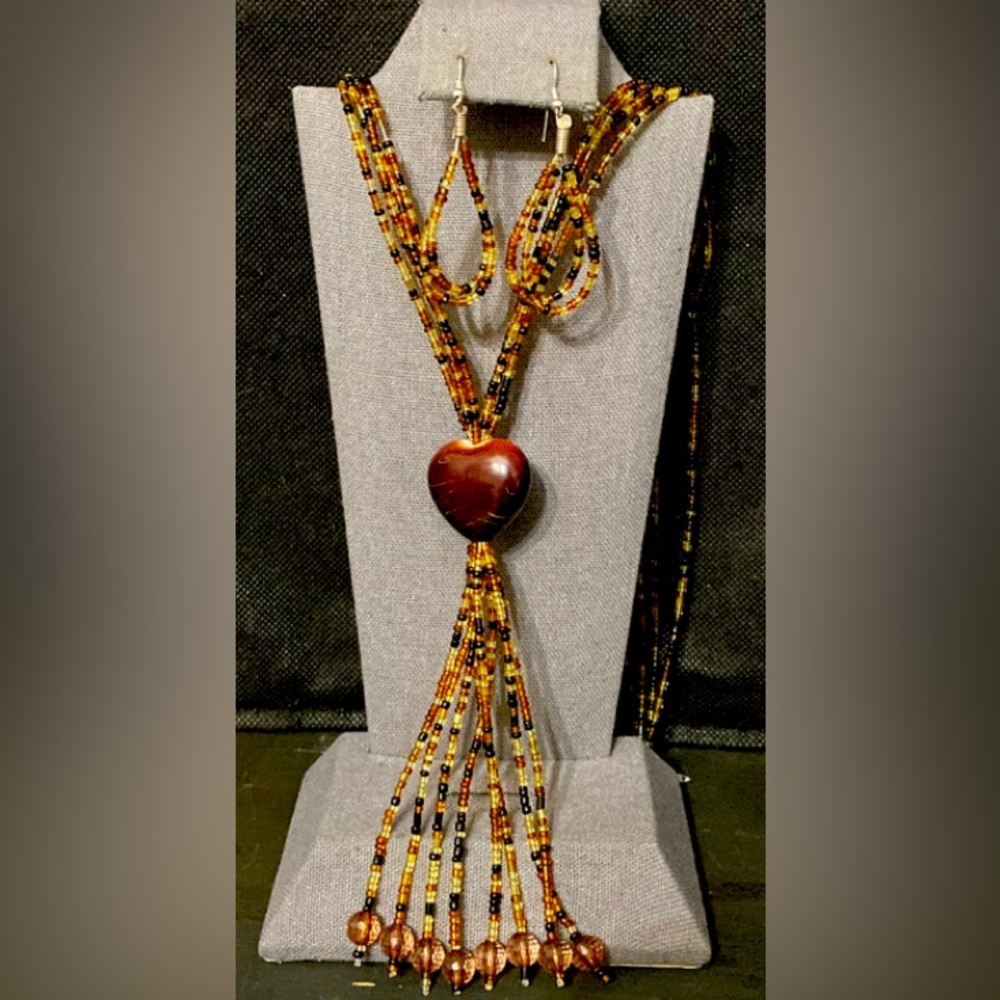 Vintage 4 string acrylic earth tones Tiny Beaded necklace with matching earrings